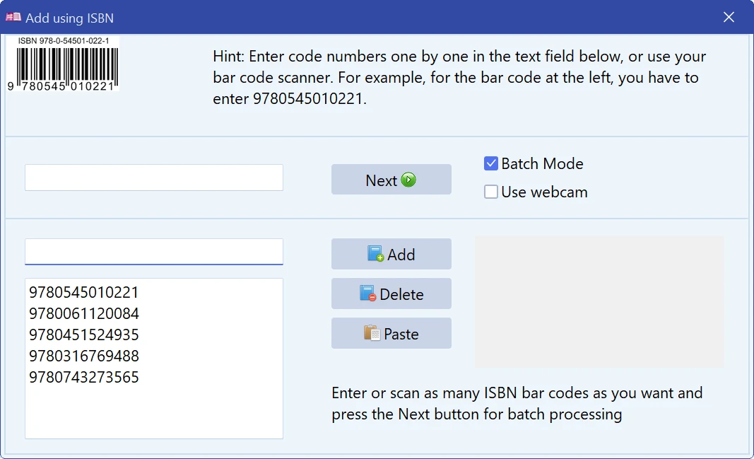 Add using ISBN dialog with a list of scanned barcodes