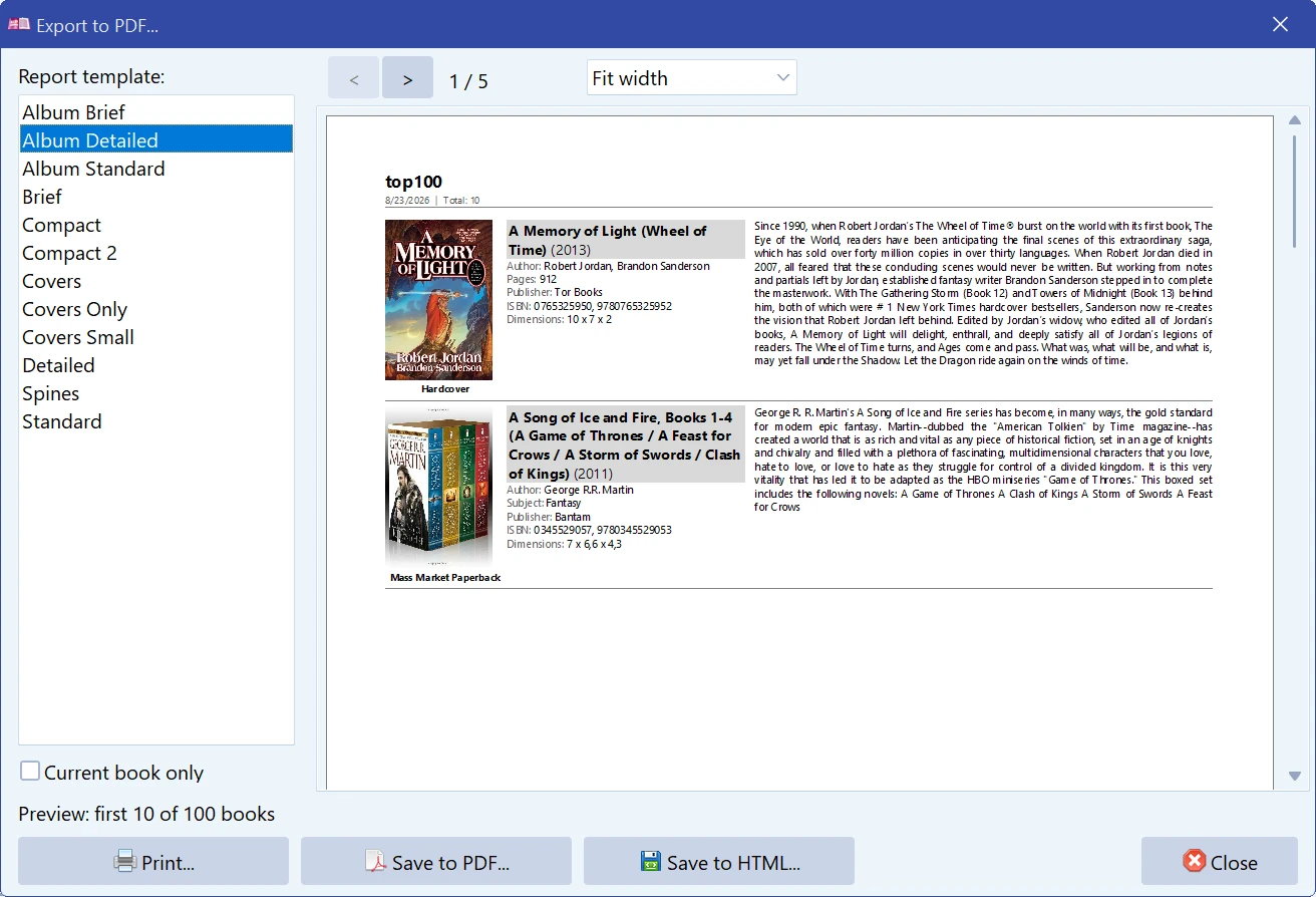 Print collection window with a report template preview