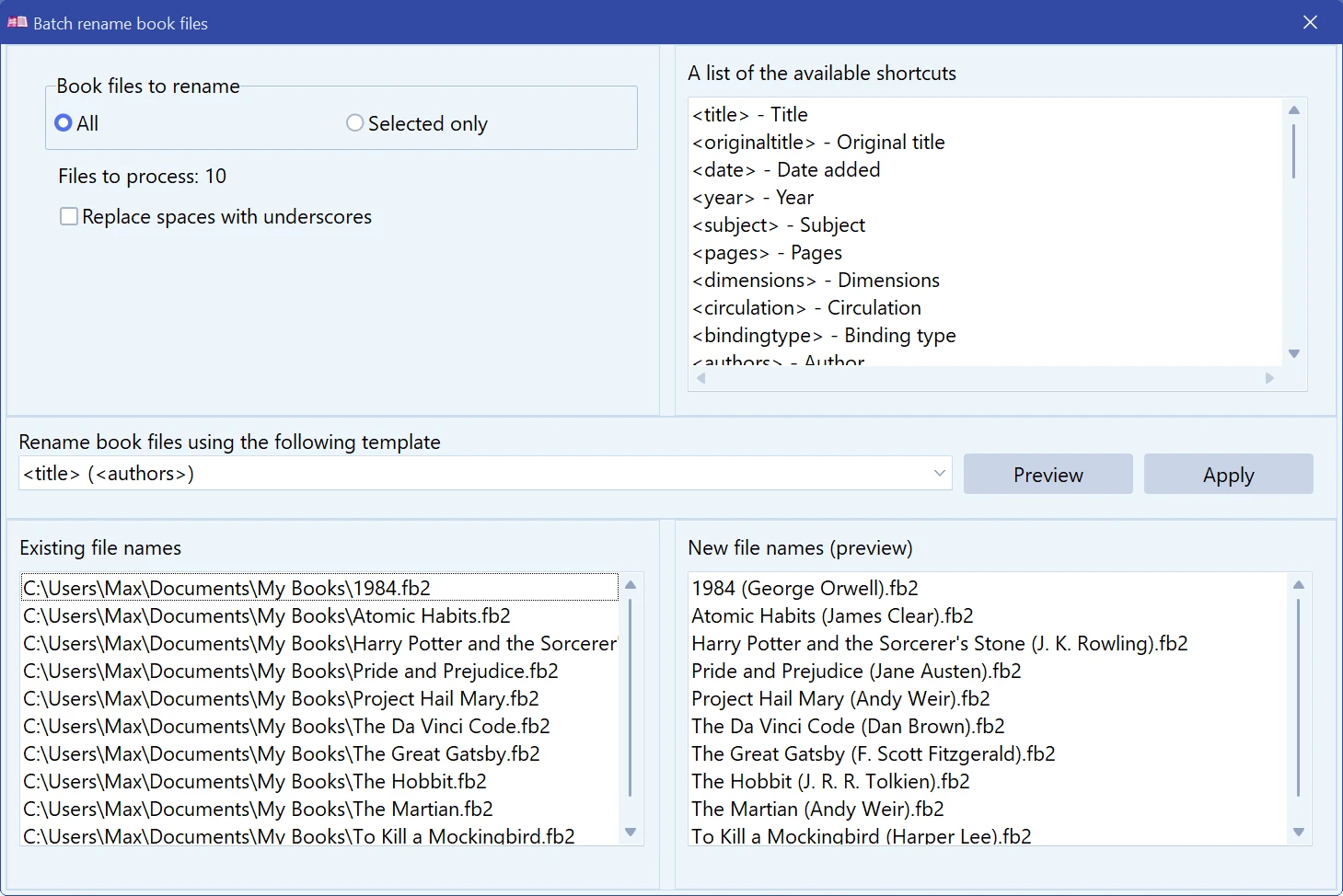 Batch rename dialog showing old and new file names side by side