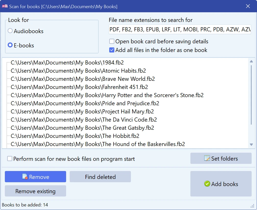 Scan drive for books dialog with a list of found files