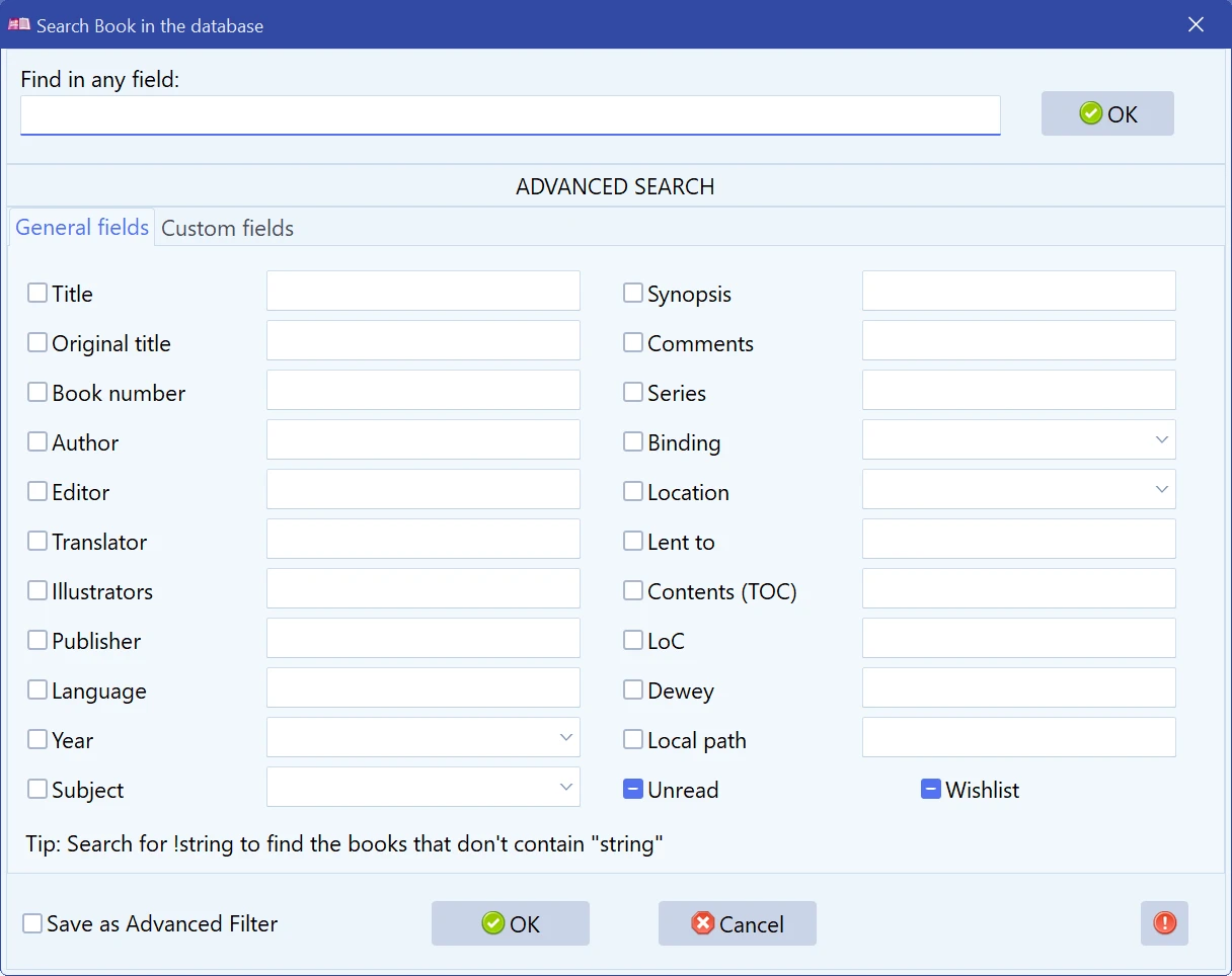 Advanced search dialog with search criteria