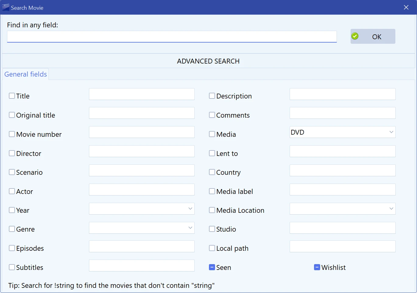 The Search movie dialog with a box for every field