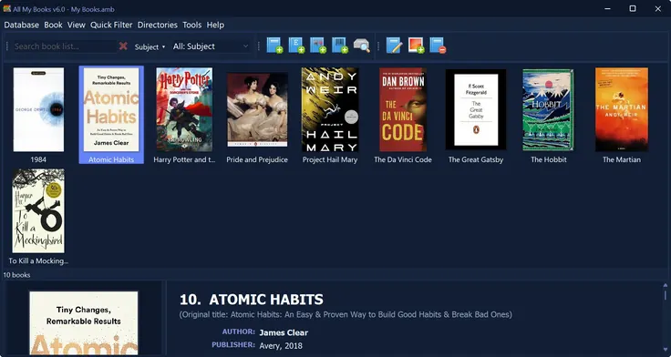 Cover thumbnails of the book collection, dark theme