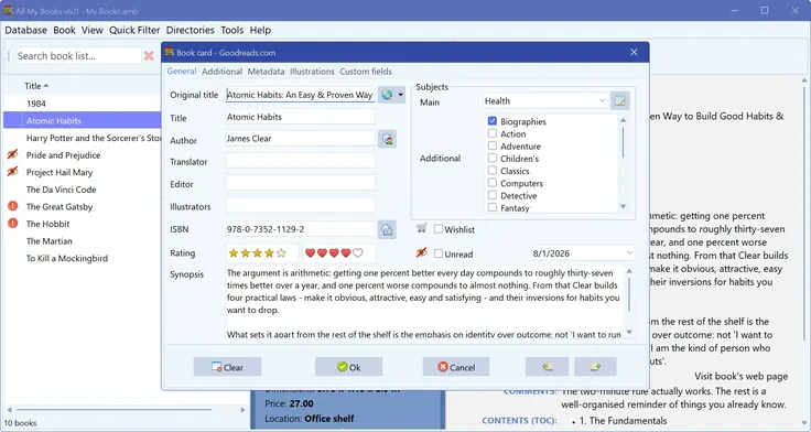 Book card editor with fields loaded from Goodreads