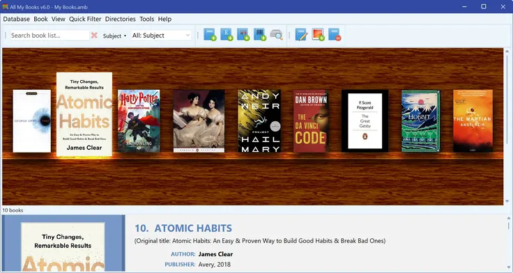 Virtual bookshelf view of the collection, light theme