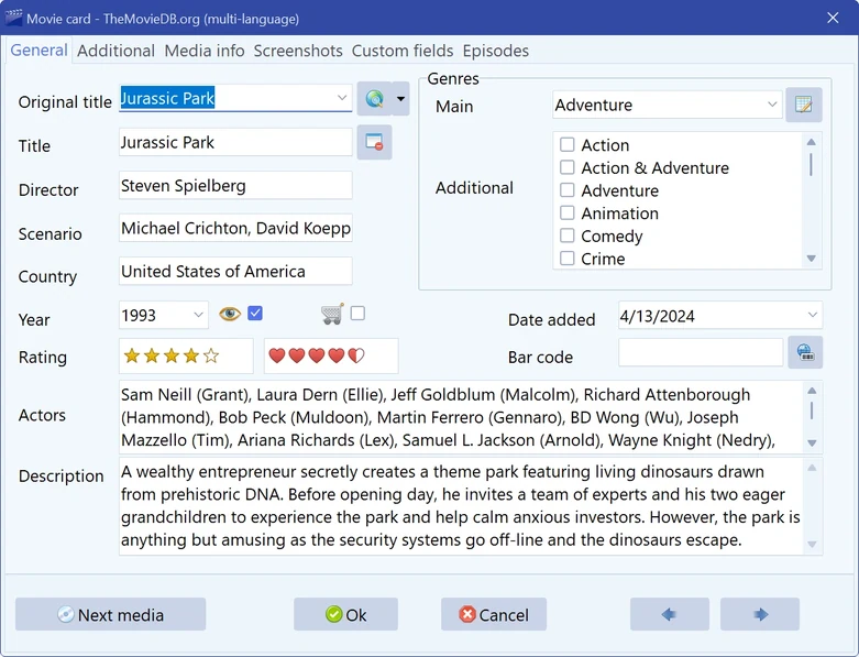 movie card with details downloaded from TMDb