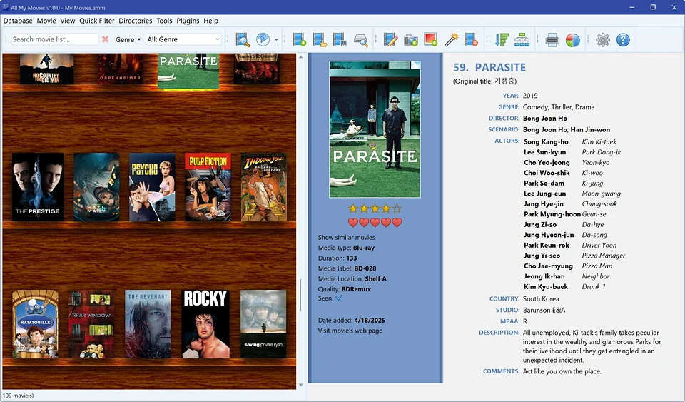 All My Movies main window virtual shelf snapshot