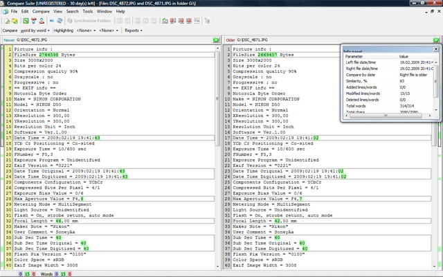 Compare Suite EXIF JPEG comparison results