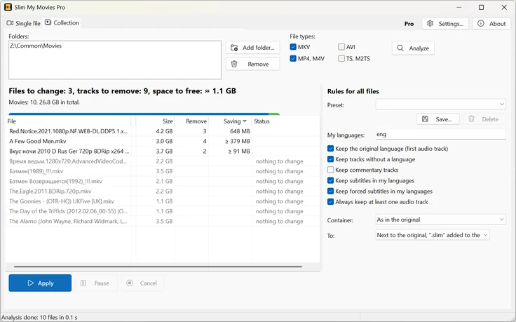 Slim My Movies: collection analysis with the saving per file